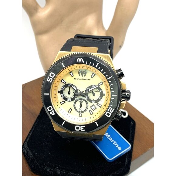 Technomarine Men's Watch TM-222081 Chronograph Quartz Gold Black Rubber Strap - Picture 1 of 15